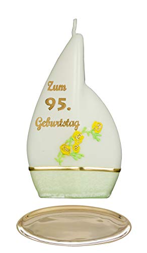 Meissner-Handel Auswahl * Jubiläumskerze/Geburtstagskerze ''Zum 95. Geburtstag'' * grün * mit farbigen Wachsauflagen * inkl. Kerzenständer aus Messing * (Motiv 'Flamme 001') Auswahl Motiv + Farbe von Meissner-Handel