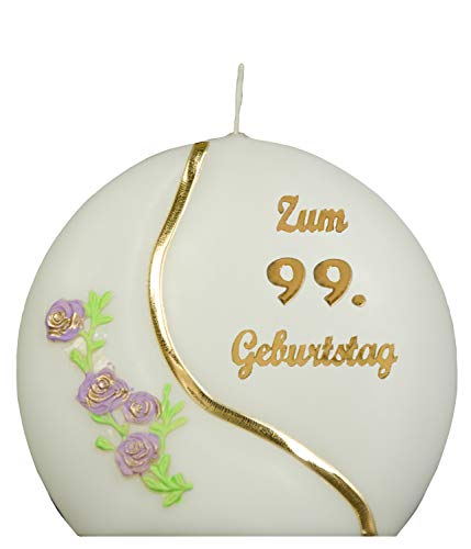 Meissner-Handel Auswahl * Jubiläumskerze/Geburtstagskerze ''Zum 99. Geburtstag'' * lila * mit farbigen Wachsauflagen * ('Diskus 001') Auswahl Motiv + Farbe von Meissner-Handel