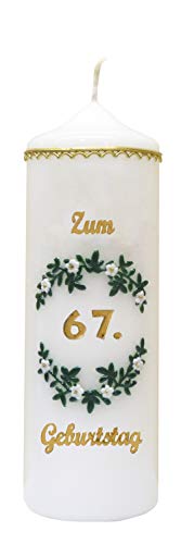 Meissner-Handel Auswahl * handverzierte Geburtstagskerze ''Zum 67. Geburtstag'' * weiß * m. farbigen Wachsauflagen * (Motiv 004) * Auswahl Motiv + Farbe von Meissner-Handel