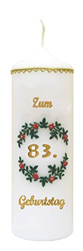 Meissner-Handel Auswahl * handverzierte Geburtstagskerze ''Zum 83. Geburtstag'' * rot * m. farbigen Wachsauflagen * (Motiv 004) * Auswahl Motiv + Farbe von Meissner-Handel