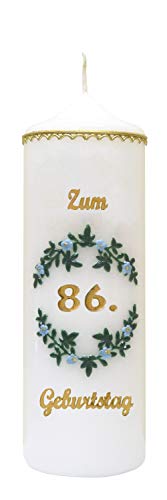 Meissner-Handel Auswahl * handverzierte Geburtstagskerze ''Zum 86. Geburtstag'' * hellblau * m. farbigen Wachsauflagen * (Motiv 004) * Auswahl Motiv + Farbe von Meissner-Handel