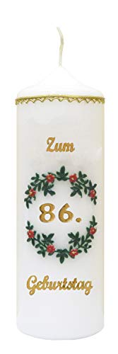 Meissner-Handel Auswahl * handverzierte Geburtstagskerze ''Zum 86. Geburtstag'' * rot * m. farbigen Wachsauflagen * (Motiv 004) * Auswahl Motiv + Farbe von Meissner-Handel