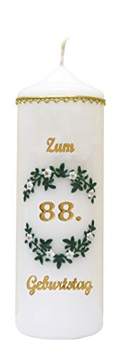 Meissner-Handel Auswahl * handverzierte Geburtstagskerze ''Zum 88. Geburtstag'' * weiß * m. farbigen Wachsauflagen * (Motiv 004) * Auswahl Motiv + Farbe von Meissner-Handel