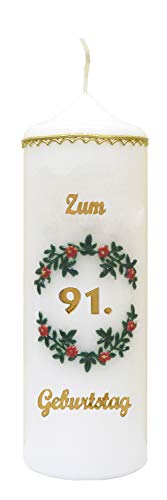 Meissner-Handel Auswahl * handverzierte Geburtstagskerze ''Zum 91. Geburtstag'' * rot * m. farbigen Wachsauflagen * (Motiv 004) * Auswahl Motiv + Farbe von Meissner-Handel