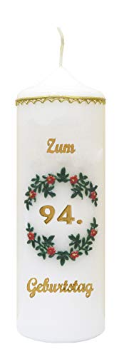 Meissner-Handel Auswahl * handverzierte Geburtstagskerze ''Zum 94. Geburtstag'' * rot * m. farbigen Wachsauflagen * (Motiv 004) * Auswahl Motiv + Farbe von Meissner-Handel