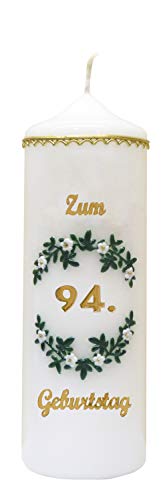 Meissner-Handel Auswahl * handverzierte Geburtstagskerze ''Zum 94. Geburtstag'' * weiß * m. farbigen Wachsauflagen * (Motiv 004) * Auswahl Motiv + Farbe von Meissner-Handel