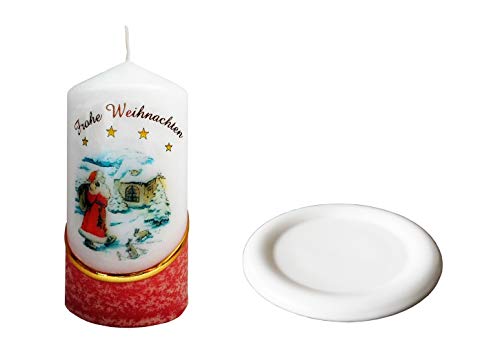 Meissner-Handel Auswahl Motiv, Weihnachtskerze 'Frohe Weihnachten' ca. 6 x 12 cm, farbig getaucht, mit farbigen Wachs- und Bildauflagen, inkl. Keramikuntersetzer (Motiv 036) von Meissner-Handel