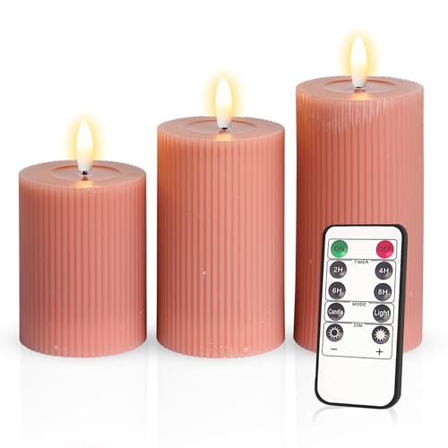 Meisterhome® 3er-Set Flammenlose LED Kerzen - Altrosa - Ribble Design Stumpenkerze - mit Fernbedienung – mit Timer - Batteriebetrieben – Warmweiß - 10/12,5/15 cm hoch - mit flackernder Flamme von Meisterhome