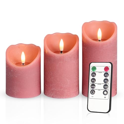 Meisterhome® 3er-Set Flammenlose LED Kerzen - Altrosa - Rustik Design Stumpenkerze - mit Fernbedienung – mit Timer - Batteriebetrieben – Warmweiß - 10/12,5/15 cm hoch - mit flackernder Flamme von Meisterhome