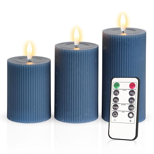 Meisterhome® 3er-Set Flammenlose LED Kerzen - Blau - Ribble Design Stumpenkerze - mit Fernbedienung – mit Timer - Batteriebetrieben – Warmweiß - 10/12,5/15 cm hoch - mit flackernder Flamme von Meisterhome
