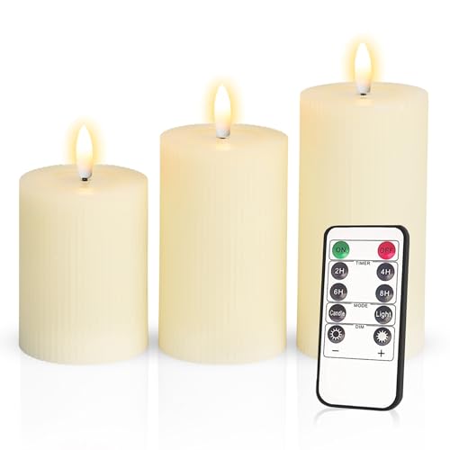 Meisterhome® 3er-Set Flammenlose LED Kerzen - Elfenbein - Ribble Design Stumpenkerze - mit Fernbedienung – mit Timer - Batteriebetrieben – Warmweiß - 10/12,5/15 cm hoch - mit flackernder Flamme von Meisterhome