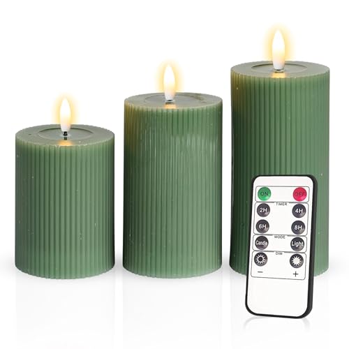 Meisterhome® 3er-Set Flammenlose LED Kerzen - Grün - Ribble Design Stumpenkerze - mit Fernbedienung – mit Timer - Batteriebetrieben – Warmweiß - 10/12,5/15 cm hoch - mit flackernder Flamme von Meisterhome