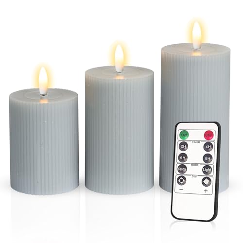 Meisterhome® 3er-Set Flammenlose LED Kerzen - Hellblau - Ribble Design Stumpenkerze - mit Fernbedienung – mit Timer - Batteriebetrieben – Warmweiß - 10/12,5/15 cm hoch - mit flackernder Flamme von Meisterhome