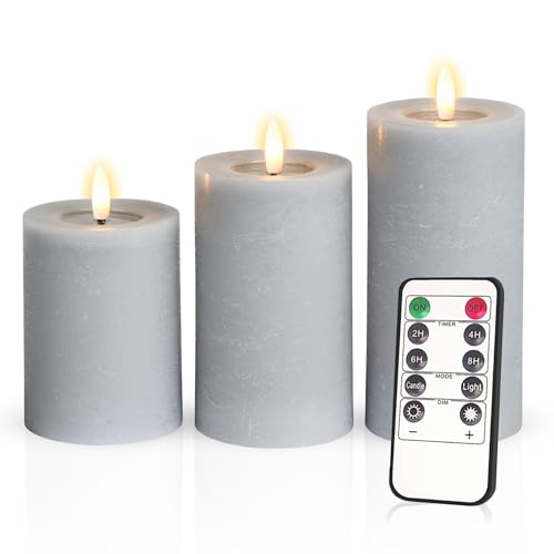 Meisterhome® 3er-Set Flammenlose LED Kerzen - Hellblau - Rustik Design Stumpenkerze - mit Fernbedienung – mit Timer - Batteriebetrieben – Warmweiß - 10/12,5/15 cm hoch - mit flackernder Flamme von Meisterhome
