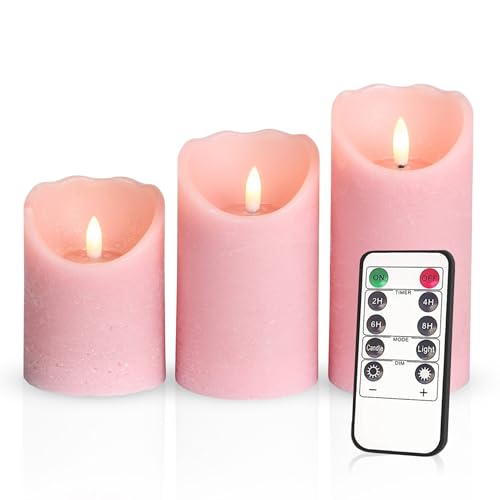 Meisterhome® 3er-Set Flammenlose LED Kerzen - Hellrosa - Rustik Design Stumpenkerze - mit Fernbedienung – mit Timer - Batteriebetrieben – Warmweiß - 10/12,5/15 cm hoch - mit flackernder Flamme von Meisterhome