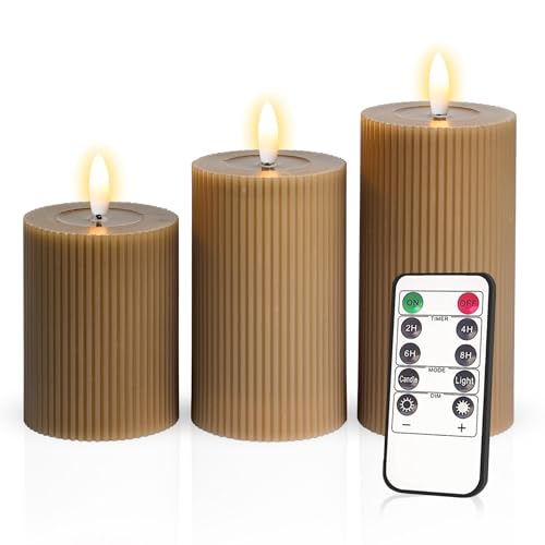 Meisterhome® 3er-Set Flammenlose LED Kerzen - Kojotenbraun - Ribble Design Stumpenkerze - mit Fernbedienung – mit Timer - Batteriebetrieben – Warmweiß - 10/12,5/15 cm hoch - mit flackernder Flamme von Meisterhome