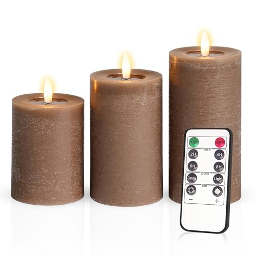 Meisterhome® 3er-Set Flammenlose LED Kerzen - Kojotenbraun - Rustik Design Stumpenkerze - mit Fernbedienung – mit Timer - Batteriebetrieben – Warmweiß - 10/12,5/15 cm hoch - mit flackernder Flamme von Meisterhome