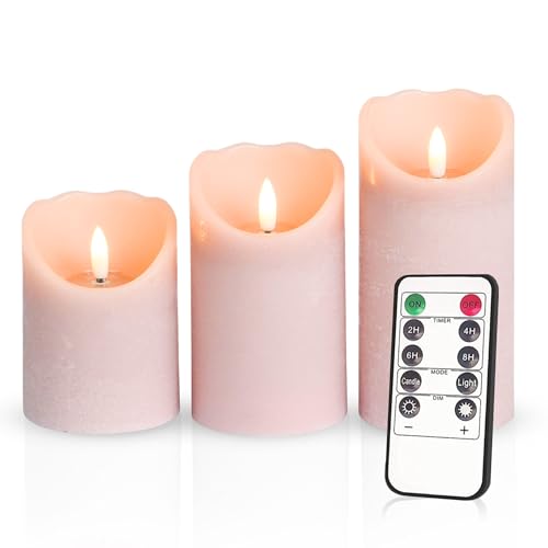Meisterhome® 3er-Set Flammenlose LED Kerzen - Matera-Beige - Rustik Design Stumpenkerze - mit Fernbedienung – mit Timer - Batteriebetrieben – Warmweiß - 10/12,5/15 cm hoch - mit flackernder Flamme von Meisterhome