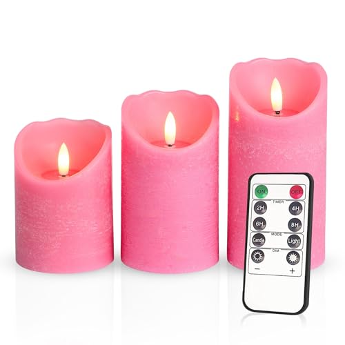 Meisterhome® 3er-Set Flammenlose LED Kerzen - Pink - Rustik Design Stumpenkerze - mit Fernbedienung – mit Timer - Batteriebetrieben – Warmweiß - 10/12,5/15 cm hoch - mit flackernder Flamme von Meisterhome