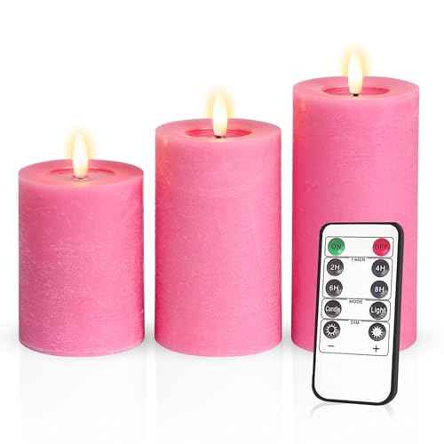 Meisterhome® 3er-Set Flammenlose LED Kerzen - Rosa - Rustik Design Stumpenkerze - mit Fernbedienung – mit Timer - Batteriebetrieben – Warmweiß - 10/12,5/15 cm hoch - mit flackernder Flamme von Meisterhome
