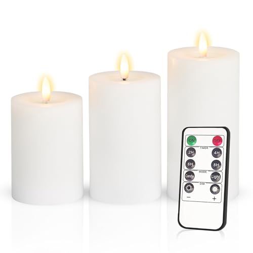 Meisterhome® 3er-Set Flammenlose LED Kerzen - Weiß - Rustik Design Stumpenkerze - mit Fernbedienung – mit Timer - Batteriebetrieben – Warmweiß - 10/12,5/15 cm hoch - mit flackernder Flamme von Meisterhome
