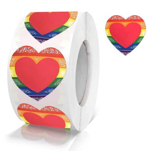 Rainbow Heart Stickers Aufkleber Herz Rainbow Selbstklebende Gay Pride LGBT Herzform Etiketten Rolle 38mm Feiern Farbkodierung Heart Sticker für Hochzeiten Scrapbooking Geschenke 500 Stück von Meitaat