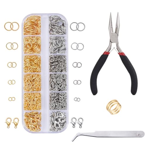 1200Pcs Metall Offene Ringe,Gold Silber Jump Rings Biegeringe Schmuckherstellung Ringe mit Schmuckzange Pinzette Biegeringöffner Ketten Verschlüsse für die DIY Schmuckherstellung von Meiturzhen