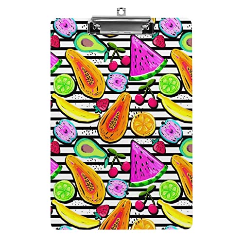 Tropen Wassermelone, Erdbeeren und Orangen auf Streifen, Klemmbrett im A4-Format, lustiges, ästhetisches Arbeits- und Lernbuchstabe, Standard-Klemmbrett, 31,8 x 21,6 cm, Hartfaserplatte für Schule, Tropen Wassermelone, Erdbeeren und Orangen auf Streifen, Klemmbrett im A4-Format, lustiges, ästhetisches Arbeits- und Lernbuchstabe, Standard-Klemmbrett, 31,8 x 21,6 cm, Hartfaserplatte für Schule, von Melbrakin