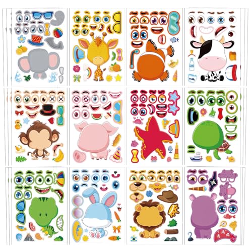 36PCS Tier Aufkleber Kinder, Make-a-Face Aufkleber, DIY Sticker Set, Tiersticker, Klebebilder für Kinder, für Mitgebsel Kindergeburtstag (B) von Meleager