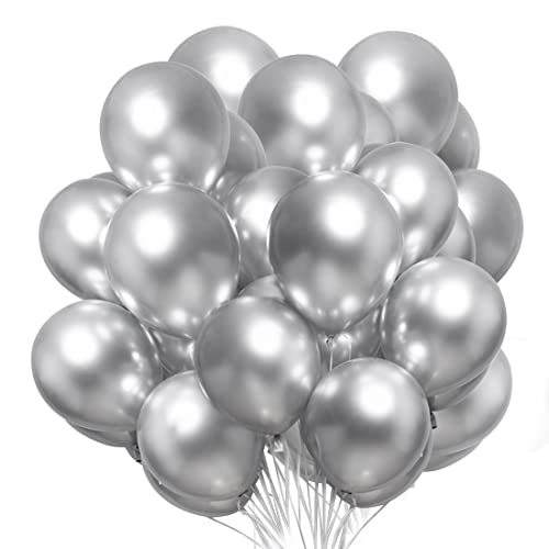 50 Stück Metallic Silber Ballons, 12 Zoll Metallicfarben Latex Ballons, Metallic Silber Luftballons für Hochzeit, Geburtstag Deko，BabyParty, Partydeko von Meleager