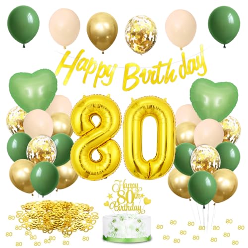 80 Geburtstag Deko Avocadogrün, Deko 80. Geburtstag Frau Grün Gold, Zahl 80 Luftballon mit 80 Geburtstag Banner, Geburtstagsdeko Grün 80, Grün Weiß Gold Ballons für Frauen Geburtstag 80 Deko von Meleager