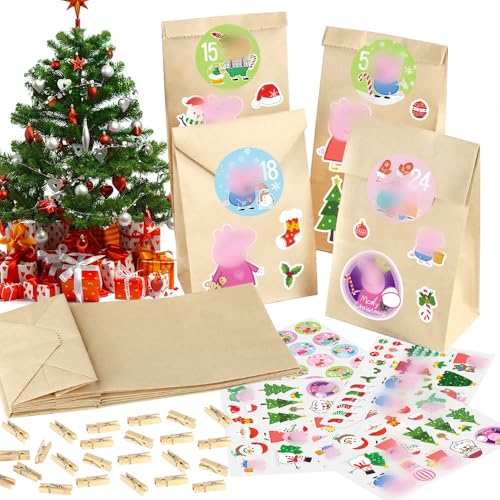 Meleager Adventskalender Papiertüten zum Befüllen, Weihnachtstüten, 25 Weihnachtskalender Papiertüten mit Zahlenaufklebern, Weihnachts Geschenktüten, DIY Kraftpapiertüten Kinder von Meleager