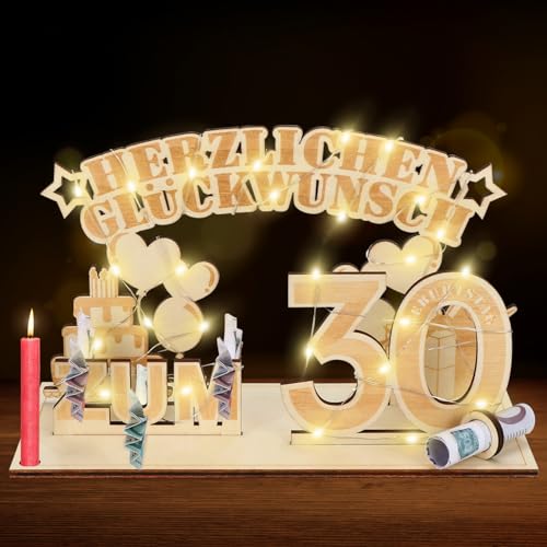 Geldgeschenke 30 Geburtstag,30.Geschenke Dekoration mit LED Lichterkette,Geschenke aus Holz zum 30 Geburtstag Mann Frau，Geldgeschenke Geburtstag Holz für Männer und Frauen, A06-3 von Meleager