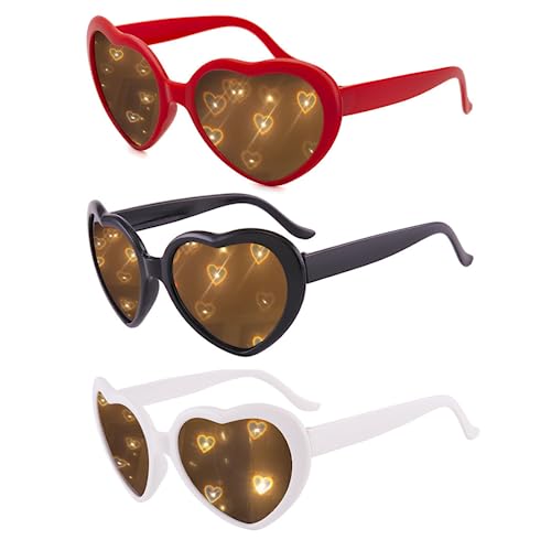 Herz Brille Effekt, Herzförmige Brille 3d Effekt, 3 Stück Pfirsichherz Spezialeffektbrille, Beugungsbrille mit Herz-Effekt Rot Weiß Schwarz, Vintage Herzform Brille für Party, Halloween, Karneval von Meleager