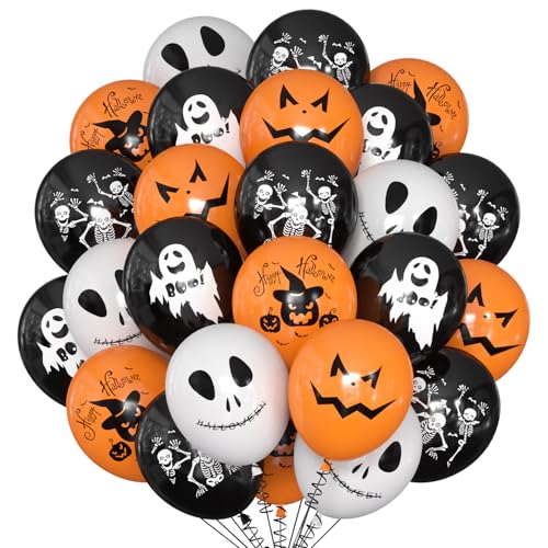 Luftballons Halloween, 50 Stück Ballons Halloween mit Gruselmotiven- - 20 Orange, 20 Schwarz, 10 Weiß, Geist, Kürbis Deko Latexballons für Party Zubehör von Meleager