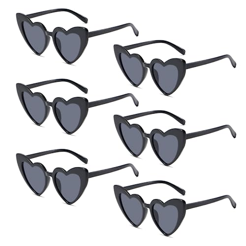 Meleager Retro Herz Sonnenbrille, Herzförmige Brillen Schwarz, 6 Stück Herzbrille Set Party, Vintage Herzform Brille, Hippie Brille Herz 90er, für Party, Hochzeit, Karneval, Halloween von Meleager