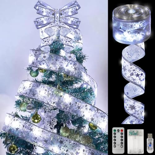 Meleager Weihnachtsband Lichter, 10M 100 LED Schleifenband Weihnachten, Silber Lichterkette Weihnachtsbaum, für Weihnachtsbaumschmuck, Party, Hochzeit von Meleager