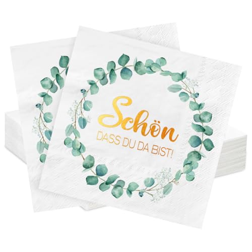 Servietten Schön dass du da bist, 40 Stück Servietten Party, Servietten Salbeigrün 3-Lagige als Tischdeko für Kommunion, Geburtstage, Hochzeit, Taufe, Babyparty, Papierservietten Vintage 33x33cm von Meleager