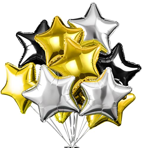 Stern Folienballons Gold Silber Schwarz 24 Stück，Silvester Deko Stern Luftballons, Stern Heliumballon Silvester Party，Hochzeitsdeko, Geburtstagsdeko oder Valentinstag von Meleager