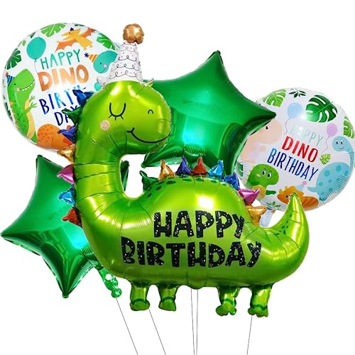 XXL Dinosaurier Folienballons, 5 Stück Dino Happy Birthday Luftballons, Deko Kinder Geburtstag Ballons, Dino Folienballons für Junge Mädchen Geburtstagsparty, Dschungel Geburtstag Dekoration von Meleager