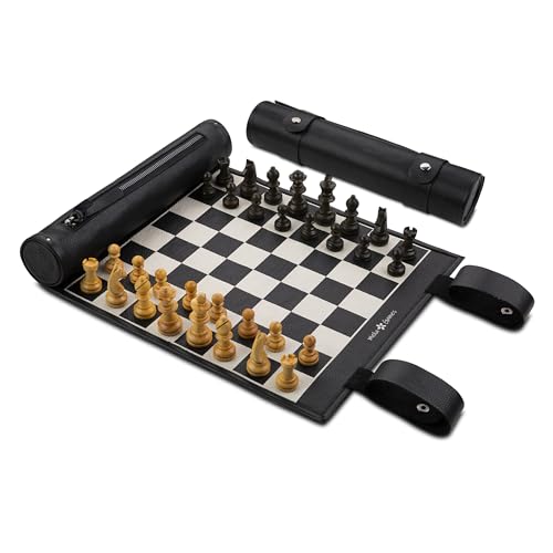 Melia Outlet Magnetisches Schach – Rollbares Luxus-Schachspiel aus Echtleder (B-Ware oder Restposten) | Handgefertigtes Reiseschach mit Holzfiguren - Black & White von Melia Games