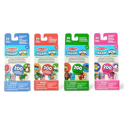 Melissa & Doug Sticker Wow! Mini-Aktivitätsblöcke und 4er-Pack nachfüllbarer Aufkleber (Dinosaurier, Haustiere, Lieblingsgegenstände, Mystery Pack) je 200 Aufkleber von Melissa & Doug