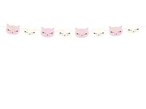 PartyDeco Girlande DIY Katzen 1,4m x 1 Stück Papiergirlande zum selbst Basteln Kindergeburtstag rosa weiß Tiere Katzenkopf von PartyDeco