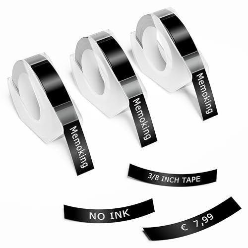 3D Prägegerät Etiketten - 3/8" (9mm) Kompatibel mit Phomemo, DYMO Omega, DYMO Junior, Goknu, LabelCenter, VolenGo, Prägegerät E975 Prägeband, 3D Kunststoff-Etiketten, 3 Packung (Schwarz) 3D Prägegerät Etiketten - 3/8" (9mm) Kompatibel mit Phomemo, DYMO Omega, DYMO Junior, Goknu, LabelCenter, VolenGo, Prägegerät E975 Prägeband, 3D Kunststoff-Etiketten, 3 Packung (Schwarz) von Memoking