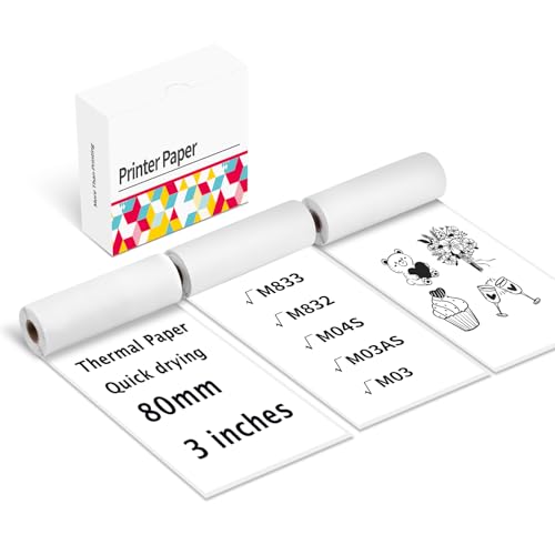 Thermodrucker Papierrolle - 80mm x 6500mm (3.15" x 255") Kompatibel mit Phomemo M832/M834/M835/M03/M04AS/TP31 Sticker Drucker für Journal Fototexte Studiennotizen, 10 Jahre Lagerung, 3 Rollen von Memoking