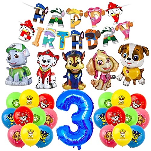 Deko 3. Geburtstag Junge, Dog Geburtstagsdeko, Luftballon 3. Geburtstag, Hund Ballons, Zahl 3 Luftballons, Happy Birthday Banner für 3 Jahre Kindergeburtstag Partydeko von Menelos