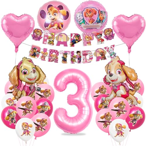 Geburtstagsdeko 3 Jahre Mädchen, Hund Patrol Geburtstag Deko, Sky Luftballons, Hund Patrol Ballons, Folienballon Zahl 3, Happy Birthday Banner für 3 Jahre Kindergeburtstag Partydeko von Menelos