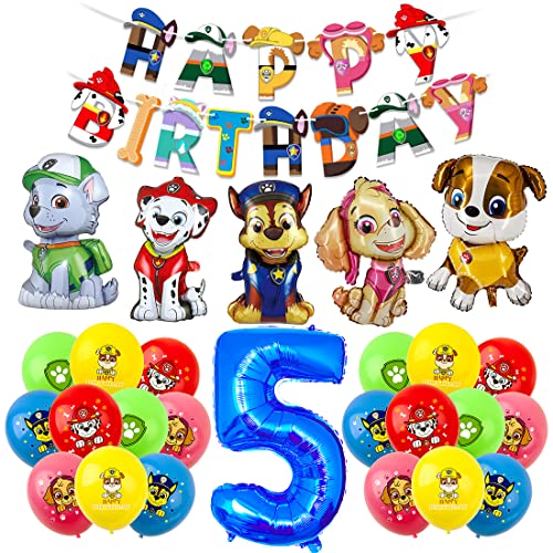Geburtstagsdeko 5 Jahre Junge, Hund Patrol Geburtstag Deko, Luftballon 5. Geburtstag, Dog Patrol Ballons, Zahl 5 Luftballon, Happy Birthday Banner als 5 Jahre Kindergeburtstag Partydeko von Menelos