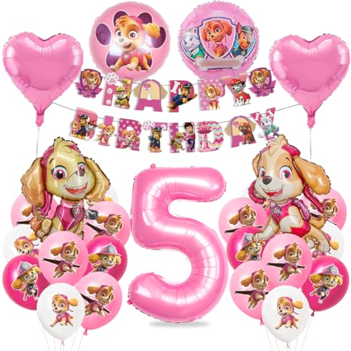 Geburtstagsdeko 5 Jahre Mädchen, Hund Patrol Geburtstag Deko, Sky Luftballons, Hund Patrol Ballons, Folienballon Zahl 5, Happy Birthday Banner für 5 Jahre Kindergeburtstag Partydeko von Menelos