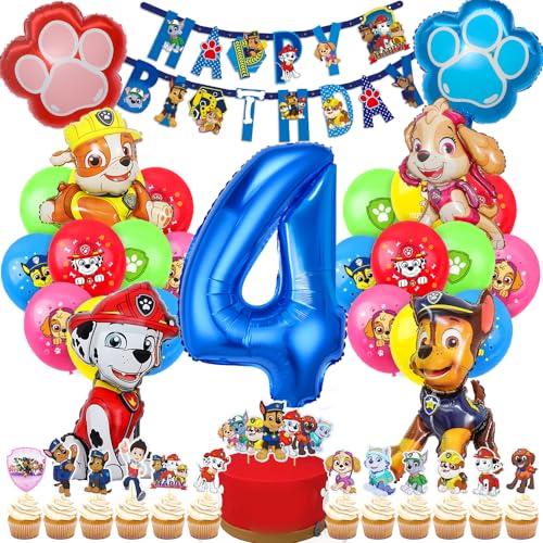 Dog Patrol Geburtstag Deko, Luftballon 4. Geburtstagsdeko, Hund Patrol Ballons, Blau Luftballon Zahl 4, Tortendeko, Happy Birthday Banner für 4 Jahre Kindergeburtstag Partydeko von Menelos